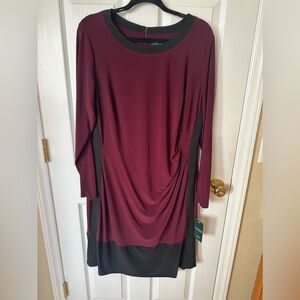 Lauren Ralph Lauren Size 16W Long Sleeve Maroon & Black Ruched MIDI Dress Classy